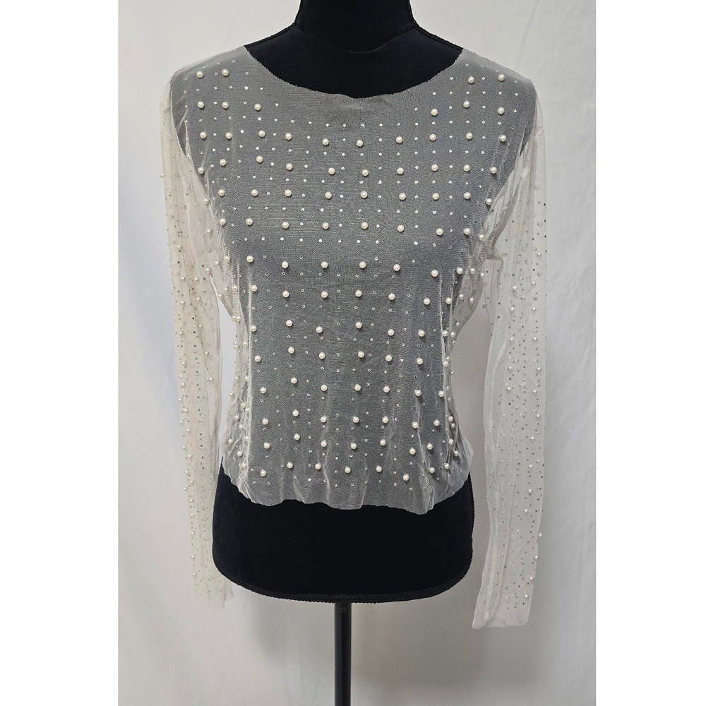 Y2K Sheer mesh pearl rhinestone cropped‎ long sleeve L top coquette romantic